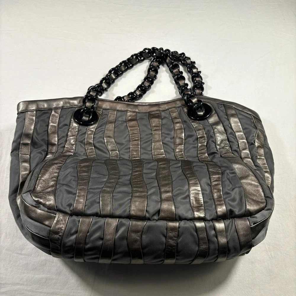 Prada Metalic Napa Tessuto Nylon Mordore Striped Pre-Owned Metallic Chain‎ Tote